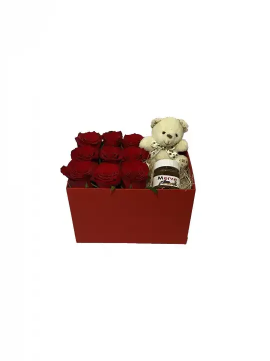 Kare Kutuda Kırmızı Gül-Mini Nutella ve Ayıcık Anahtarlık